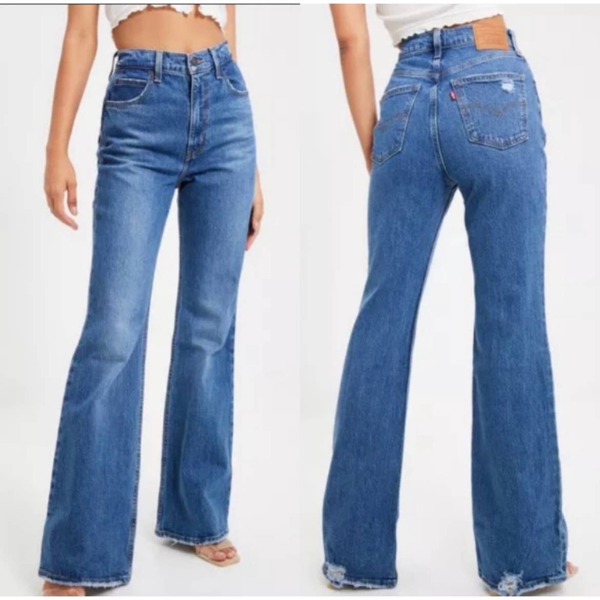 Levis 70s High Flare Jeans Sz 28 Medium Wash Stretch Distressed Denim